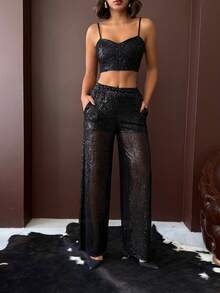 Women's 2 Pieces Sequin Party Set – Sparkly Spaghetti Strap Crop Top & High-Waisted Wide-Leg Sheer Sequin Pants - Black - View 5