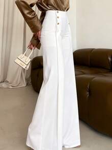 Pantalones rectos y de pierna ancha de estilo francés elegante con botones metálicos de doble botonadura y decoración, color blanco sólido para mujer. Altamente favorecedores y alargadores, adecuados para uso diario, oficina y citas