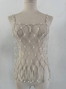 DEKUNER New Tassel Body Chain Top, Korean Style Pearl Loose Camisole Top Without Straps, Can Be Paired With Shirts, Sweaters, Multiple Colors, Suitable For Christmas Decoration - Silver - View 4