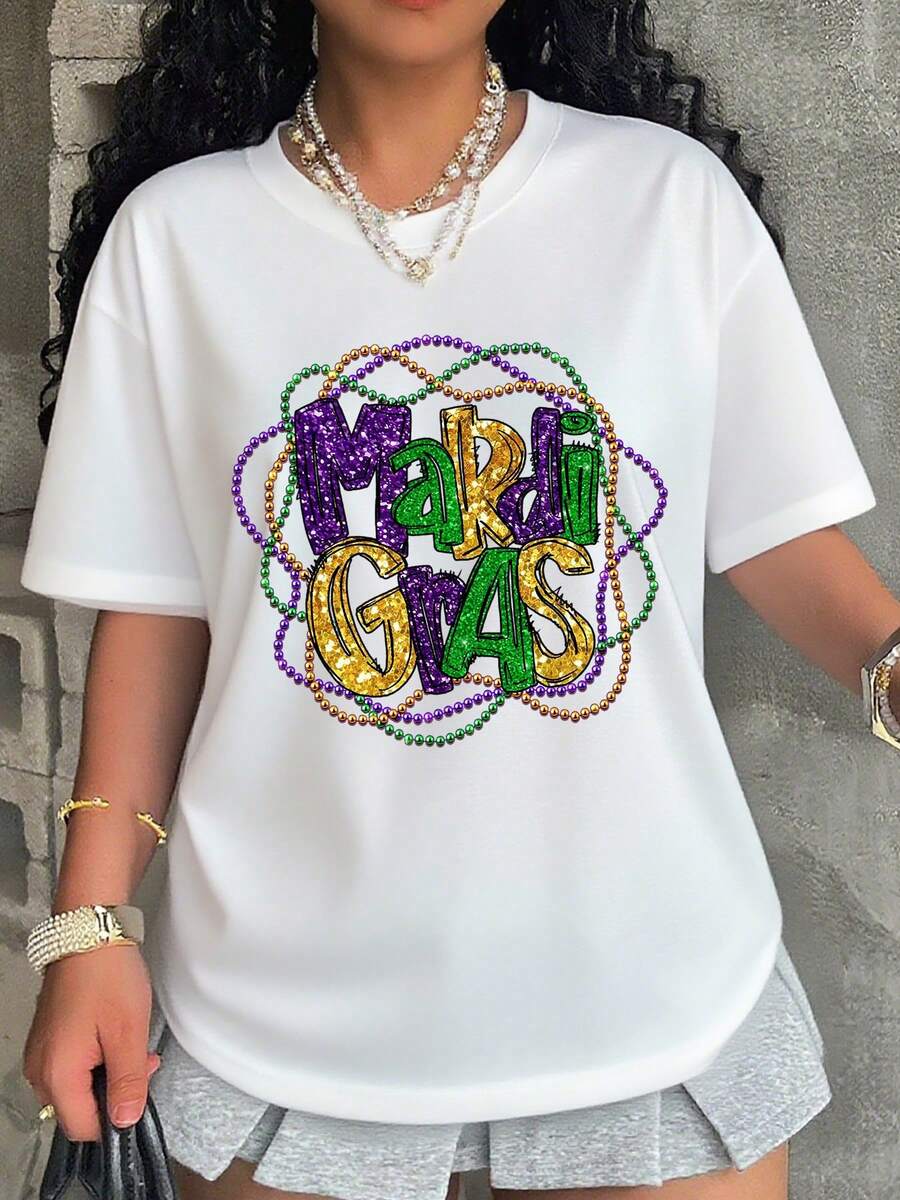 Mardi Gras Beaded Sequin T-Shirt Women's Festive Party Top Holiday Celebration Wear For Mardi Gras Carnival Events - 白色 - 查看 1