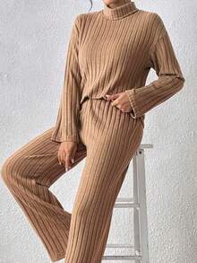 Autumn And Winter Leisure Suit: Fleece Stripe High Collar Solid Color Long-Sleeved Top + Comfortable Straight Loose Trousers Two-Piece Set - 咖啡棕 - 查看 4