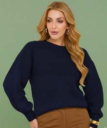 Blusa de Tricô Feminina detalhes em Listras - Azul Marinho - Visão 4