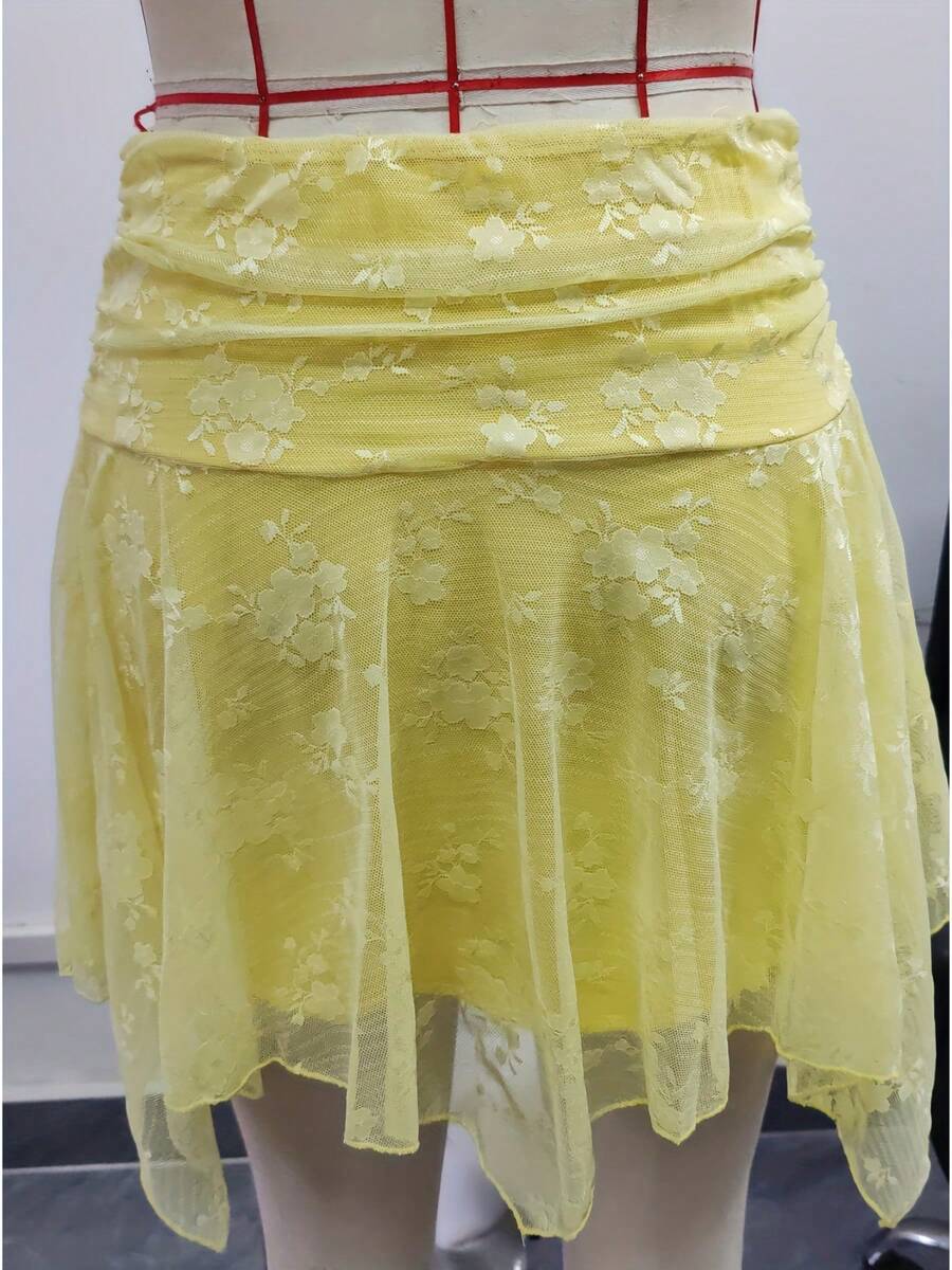 Womens Low Rise Lace Mini Skirt Y2k Pleated Ruffle Short Skirt Flowy Asymmetrical Underskirt Fairy Half Slip Skirts - Yellow - View 1