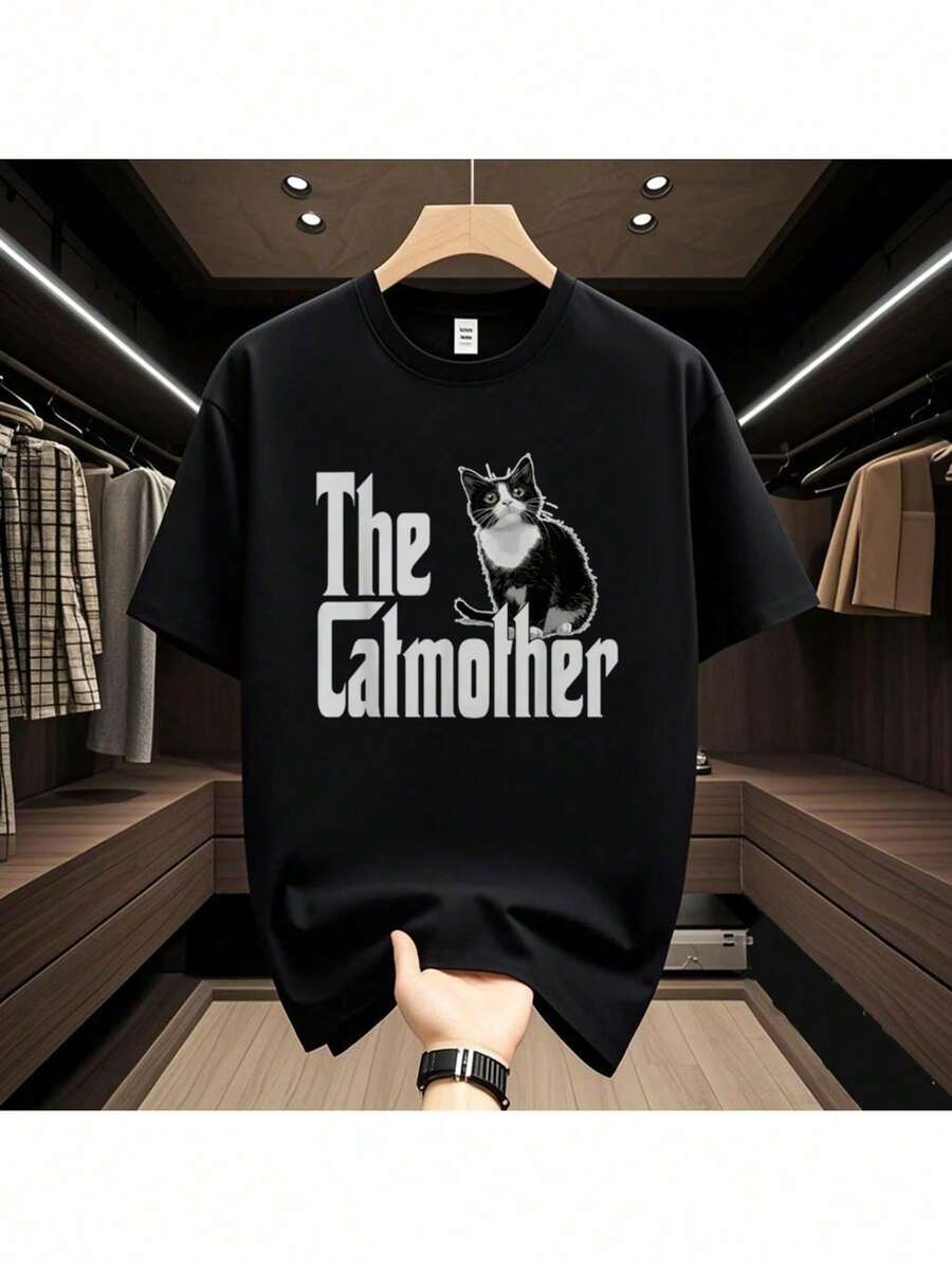 Herren Grafik-T-Shirt - Schwarz Mit Kräftigem The Catmother & Katzen-Design - Atmungsaktives, Leichtes Material Für Casual Und Formelle Outfits - Sommer-Essential Für Katzenliebhaber - Erwachsenenmode, Lässiger Stil, Verspielter Druck, Bequemer Sitz, Bedrucktes Oberteil, Modebegeisterte