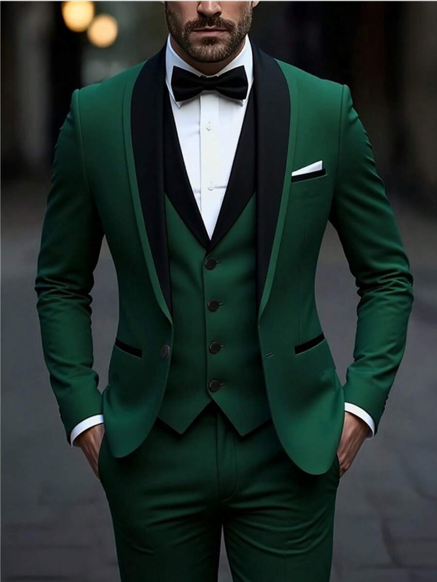 3 Pcs Men's Spring Quality Business Suit Men's Solid Color Groom's Wedding Dress Male Slim Fit Casual Blazers Jackets Vesr Trousers - xanh quân đội - Xem 1