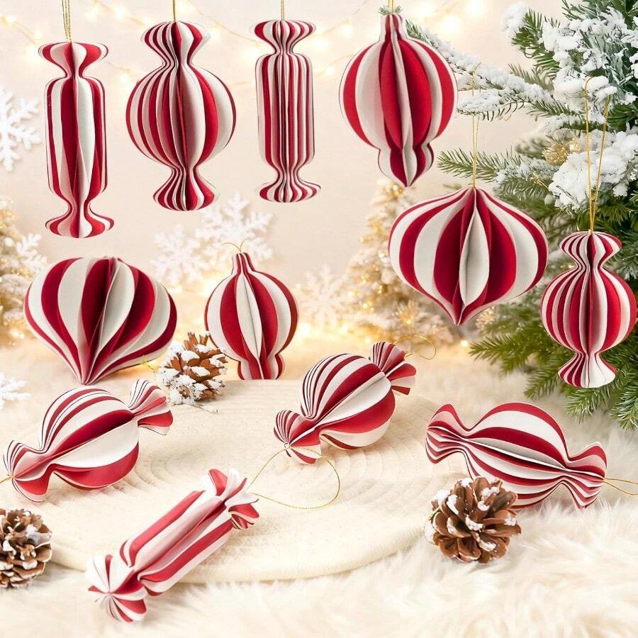 12 decoraciones de Navidad rojas y blancas adornos de panal de papel de caramelo 3D para árbol adornos decorativos para colgar bolas de manualidades linternas de panal para árbol de Navidad Año - rojoblanco - Ver 1