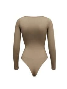 Suprenx 1pc Women's Long Sleeve Tummy Control Lift Bust Bodysuit - Khaki - View 4