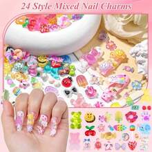 300Pcs 3D Cartoon Candy Breads Nail Art Charms,20 Grids Mixed Assorted Color Doughnut Lollipop Ice Cream Bread Dessert Cakes Cartoon Spoon Fork With Pickup Tool For DIY Crafts Accessories (Bread) - ColorF - 查看 4