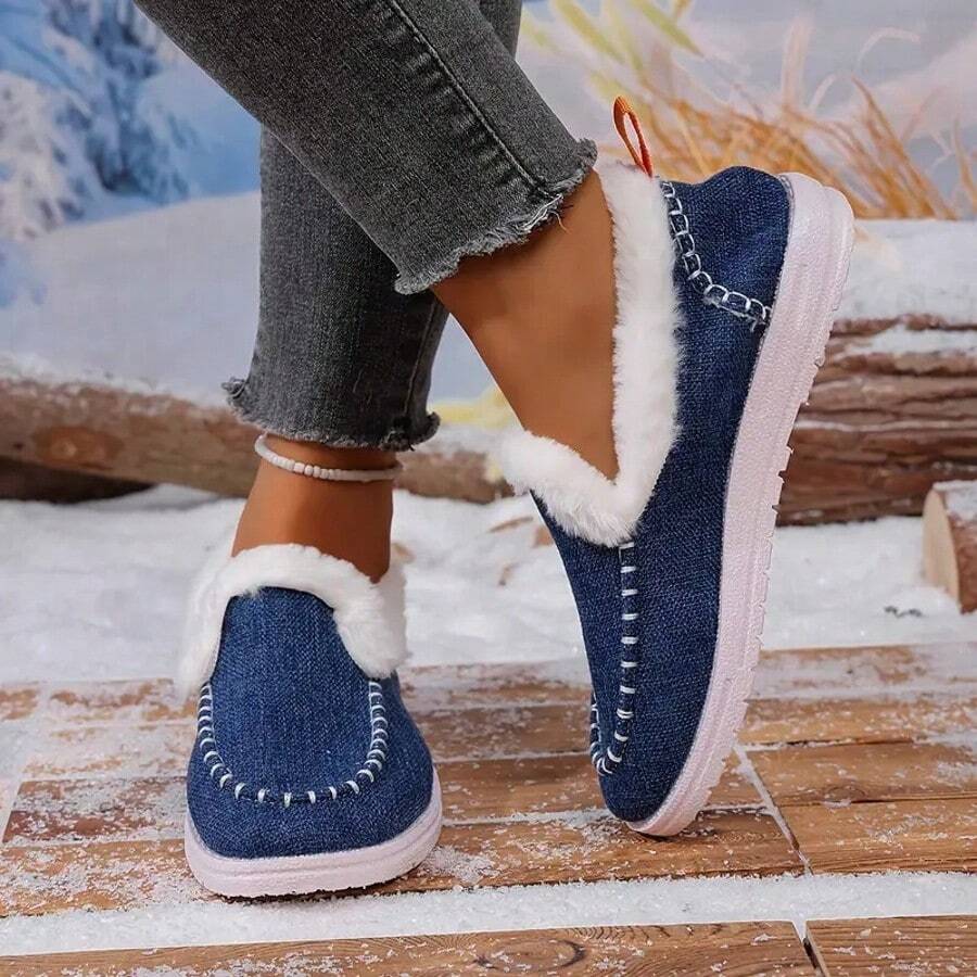 Popular Women's Low-Top Winter Casual Shoes, Felt Upper With Plush Shoe Collar, White Thick-Soled Warm Snow Boots, Women's Winter Comfortable Plush Slip-On Boots - Màu xanh lam - Xem 1