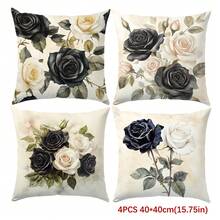 4pcs Vintage Watercolor Black & White Rose Pillow Cover Set, Single-Sided Printed Peach Velvet Material, 45*45/50*50/40*40CM Cushion Cover For Modern Fabric Sofa Indoor Decor, Party Decoration, Gift