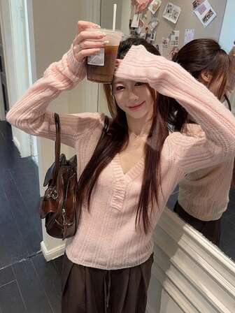 女士V领针织毛衣上衣，竖条纹镂空长袖套头衫