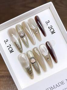 纯手工制作长椭圆形美甲贴片；手绘猫眼个性化秋冬美甲；高品质简约设计美甲贴片，覆盖式假指甲，Y2K风格美甲用品，手工按压式美甲贴片 - 彩色 - 查看 3