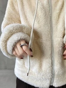 Livesso 女士米色纯色连帽抽绳落肩长袖羊羔绒宽松休闲百搭抓绒卫衣，秋季外套，冬季 - 米色 - 查看 5