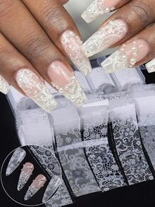 1Box White Lace Nail Art Foils Set Nail Transfer Sticker Flower Petal Retro Laces Transfer Paper DIY Manicure Nail Decoration Accessories (Adhesive Not Included) Nails Nail Supplies - White - View 2