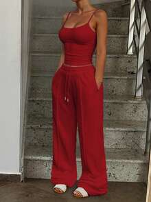 Casual Versatile Solid Color Camisole & Sweatpants Set Summer Red Elegant - Red - View 7
