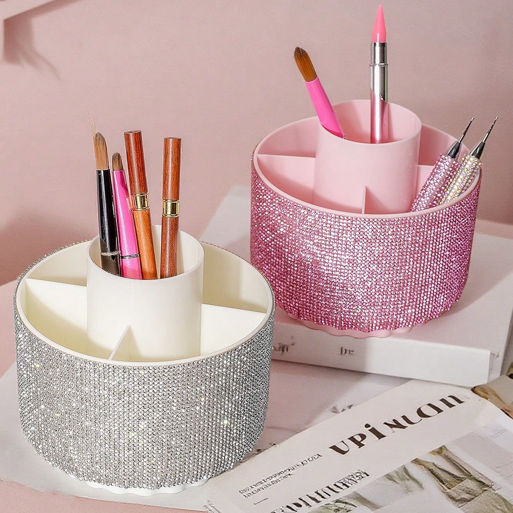 360° Rotating Rhinestone Makeup Organizer Box, Ins Style Highly Attractive Desktop Storage Box, Makeup Brush Holder, Nail Art Tool Storage, Gift For Women,Room Decor