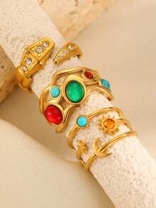 1 Set Rhinestone Inlaid Open Ring Set, Fashion Versatile Casual Suitable For Women's Daily, Party Wear Or Gift To Friends - Multicolor - View 1