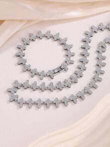 2pcs Fashionable & Versatile Fully Rhinestone Clover Necklace & Bracelet Jewelry Set, Suitable For Men And Women Everyday Wear - Bracelet Set - View 9