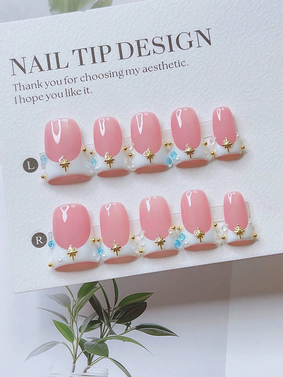 10片装Y2K风鸭嘴美甲套装 - 手工制作，粉色、白色、法式白底美甲，手绘法式白底设计，闪亮水钻和金色星星 - 适合女性和女孩，派对、婚礼、日常佩戴，DIY美甲，美甲套装，包含工具包。鸭嘴美甲。短款美甲。短款美甲贴片。手工亚克力美甲贴片。假指甲。美甲用品 - 彩色 - 查看 1