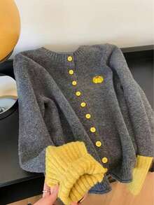 时尚撞色针织开衫长袖外套，女士秋冬款，南瓜刺绣，圆领，前襟纽扣，罗纹饰边，休闲风格