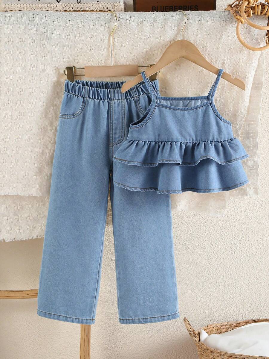 Bộ 2 món cho bé gái, kiểu dáng retro Y2K, gồm áo hai dây xếp ly và quần jean rách, thích hợp cho công viên, du lịch, bãi biển, tiệc sinh nhật, chụp ảnh đường phố, mùa xuân/hè. - Rửa trung bình - Xem 1