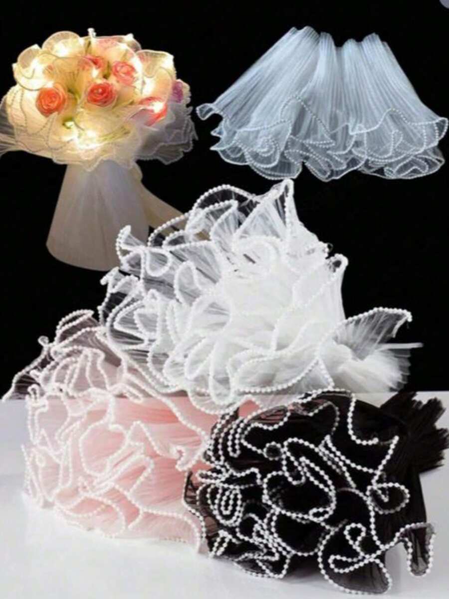 11英寸 x 4码珍珠边雪纺花束包装丝带,适用于花艺师DIY、情人节、生日、婚礼和礼品包装装饰。 - 彩色 - 查看 1