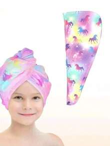 1pc Girls' Ultra-Fine Fiber Hair Drying Towel, Quick Dry, Button Closure, Suitable For Wet Hair, Dark Unicorn Pattern - Multicolor - View 12