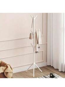 1个现代树形落地式衣帽架 - 稳固的三角形底座，塑料材质，轻巧设计，挂钩可360°旋转，节省空间，适用于玄关、卧室和客厅。北欧简约单杆卧室衣帽架，易于组装，适合家庭、办公室或酒店使用。提供黑色/白色两种颜色，可选6个或9个挂钩，多功能收纳，适合公寓生活。
