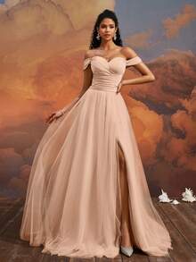 VIPGIRL 杏色露肩腰部设计网纱开衩长款正式晚礼服 - 杏色 - 查看 4