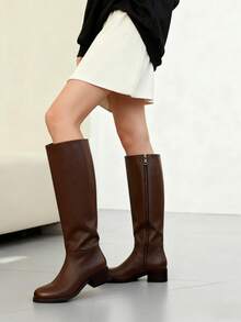 Women's Knee High Boots Round Toe Flat Wide Calf Long Boots Riding Boots Knight Boots Side Zipper Suitable For Outdoor Commuting Office - màu nâu sô cô la - Xem 2