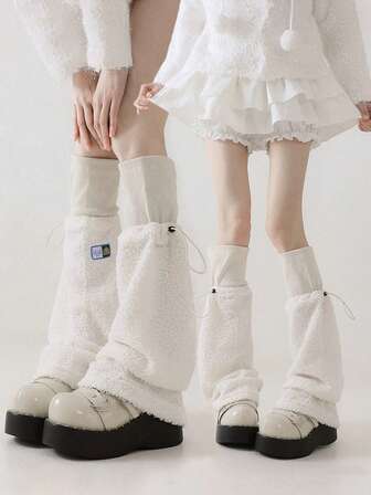 Calentadores de piernas de sherpa gruesos para mujer, de invierno/otoño, con cordón y volantes, de color blanco peludo