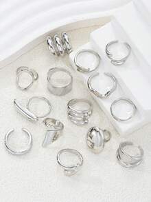 14件套复古时尚优雅高品质几何不对称纹理液态心形水滴交叉多层简约波浪金属粗戒套装，百搭日常、派对、女士礼物 - 銀色 - 查看 2
