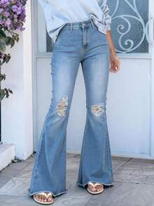 （棉混纺）女式复古破洞弹力喇叭牛仔裤 - 淺色水洗藍 - 查看 3