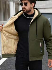 Hidkat 男士冬季保暖内衬卫衣，拉链印花口袋休闲卫衣，适合日常穿着 - 橄欖綠 - 查看 3