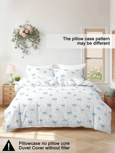 3pcs/Set Bow And Heart Pattern Duvet Cover Set(1 Duvet Cover & 2 Pillowcase)Soft And Skin-Friendly Duvet Cover Bedding Set For Home Valentine's Day Decorations, All Season Bed Sheets Set Valentine's Day Gift