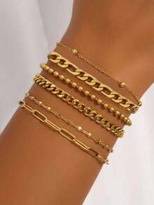 Aomogo Set de 6 pulseras de cadena de acero inoxidable chapado en oro para mujeres, de moda y elegantes, adecuadas como regalo