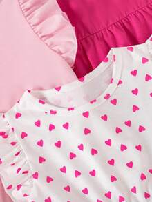 Bộ 3 món thời trang cho bé gái, gồm váy tay bồng in hình trái tim và váy phối màu trơn, thích hợp mặc mùa hè. - Màu Hồng Tươi - Xem 3