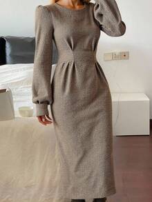 Livesso Đầm dài tay bồng cổ tròn thanh lịch cho nữ, mùa thu - Màu Khaki - Xem 3