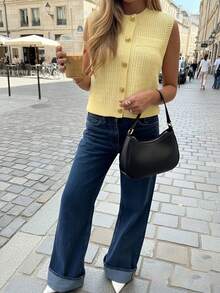 新款女式夏季休闲奶油黄色圆领无袖纽扣针织背心，工作/办公室 - 黃色 - 查看 4