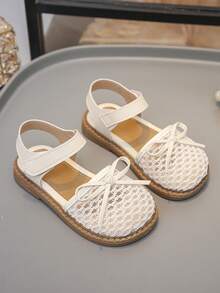 1 Pair Children's Fashionable & Versatile Flat Sandals, Soft & Comfortable Hook And Loop Closure, Bow Decor, Anti-Slip , Suitable For Summer - White - View 2
