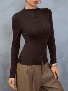 Áo thun nữ thanh lịch, cài cúc, màu trơn, kiểu dáng cổ điển, ôm sát, gợi cảm. - Cà phê nâu - Xem 2