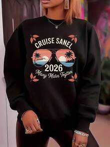Women Round Neck Long Sleeve Sweatshirt Cruise Sanel 2026 Maung Matin Together Tropical Sunset Palm Tree Aviator Sunglasses Print For Vacation Travel Holiday Party - 黑色 - 查看 2