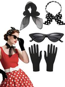 This 5-Piece Set, Suitable For Women In Their 20s, 40s, 50s, And 70s, Includes A 1950s Retro Solid Color Scarf, Cat-Eye Glasses, A Polka Dot Headband, And Gloves. It's Perfect For 1950s-Themed Solid Color Parties, Halloween Cosplay, Costume Parties, Everyday Wear, Themed Parties, And Valentine's Day Women's Party Accessories.