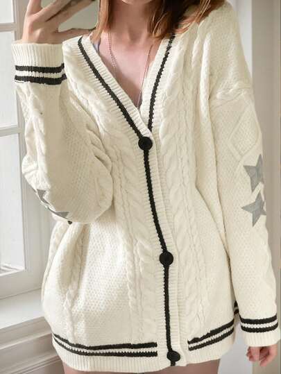 秋季女装 Y2K 星空复古米色长袖宽松秋季假日开衫校服可爱上衣女式返校节 Y2K 服装街头时尚复古风女士教师装