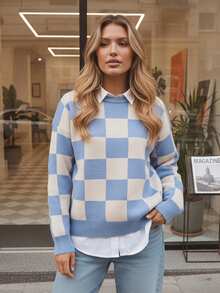 Womens Fall Winter Sweater Loose Fit Casual Checkered Ribbed Trim Crew Neck Long Sleeve Knit Tops - 藍色 - 查看 2