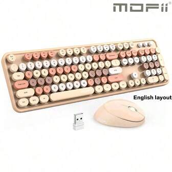  MOFII 无线键盘鼠标套装，复古无线键盘，圆形键帽，可爱无线鼠标，适用于 Windows 系统、电脑、台式机、PC、笔记本电脑（英文布局）