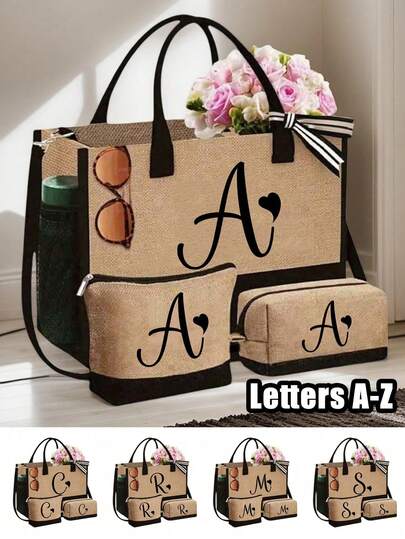 Large Capacity Black Linen Tote Bag With Detachable Shoulder Strap, Makeup Pouch And Square Storage Bag, Minimalist A-Z Letter Print
