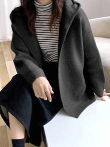 Alicedudu 女士极简风连帽宽松开衫外套，秋冬款 - 深灰色 - 查看 3