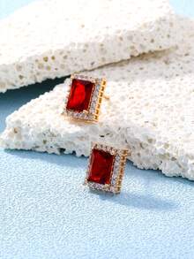 1 Đôi bông tai đinh vuông tối giản bằng đá Cubic Zirconia và đá quý đỏ dành cho nam - Nhiều màu - Xem 4