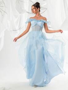 VIPGIRL Light Blue Mesh Ruffle Mermaid Maxi Dress For Women - Baby Blue - View 3